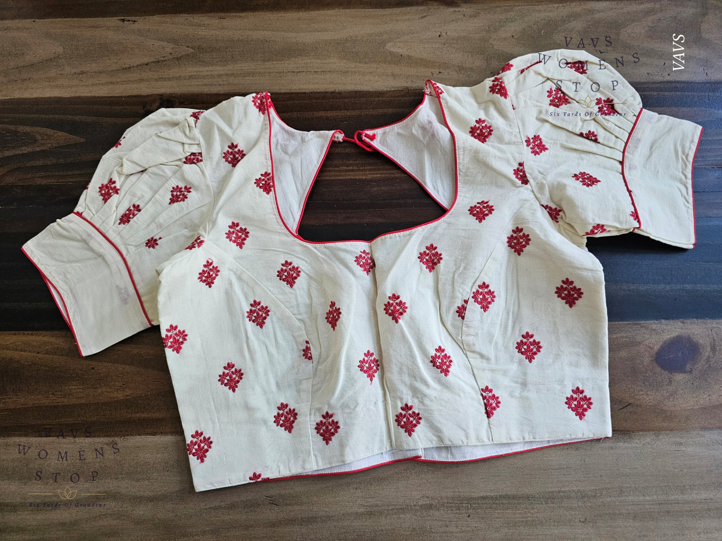 Shop off-white mul cotton blouse with red butta embroidery & puff sleeves. Size 36 extendable to 42. Elegant designer blouse, ready to ship from USA.