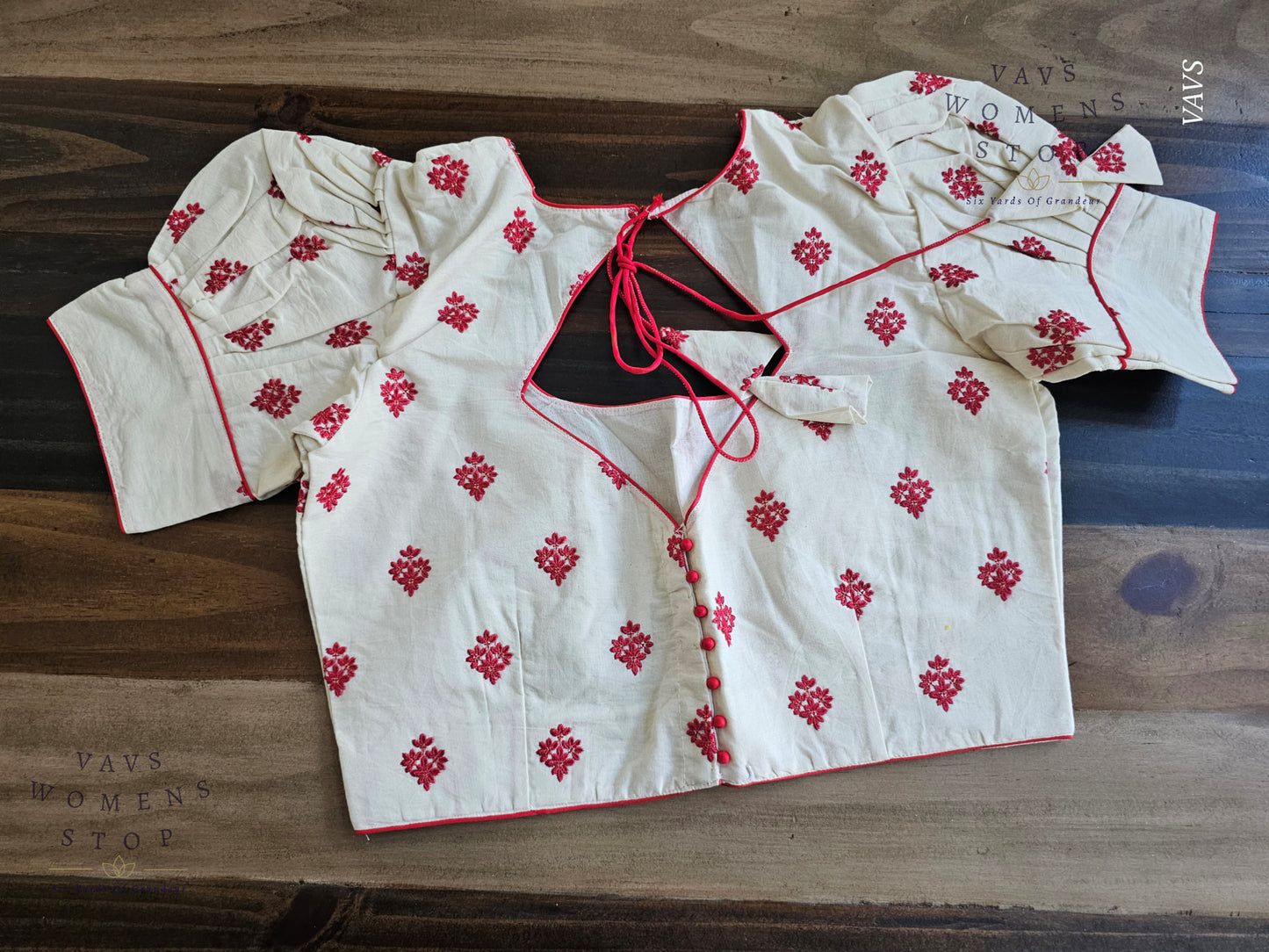 Shop off-white mul cotton blouse with red butta embroidery & puff sleeves. Size 36 extendable to 42. Elegant designer blouse, ready to ship from USA.