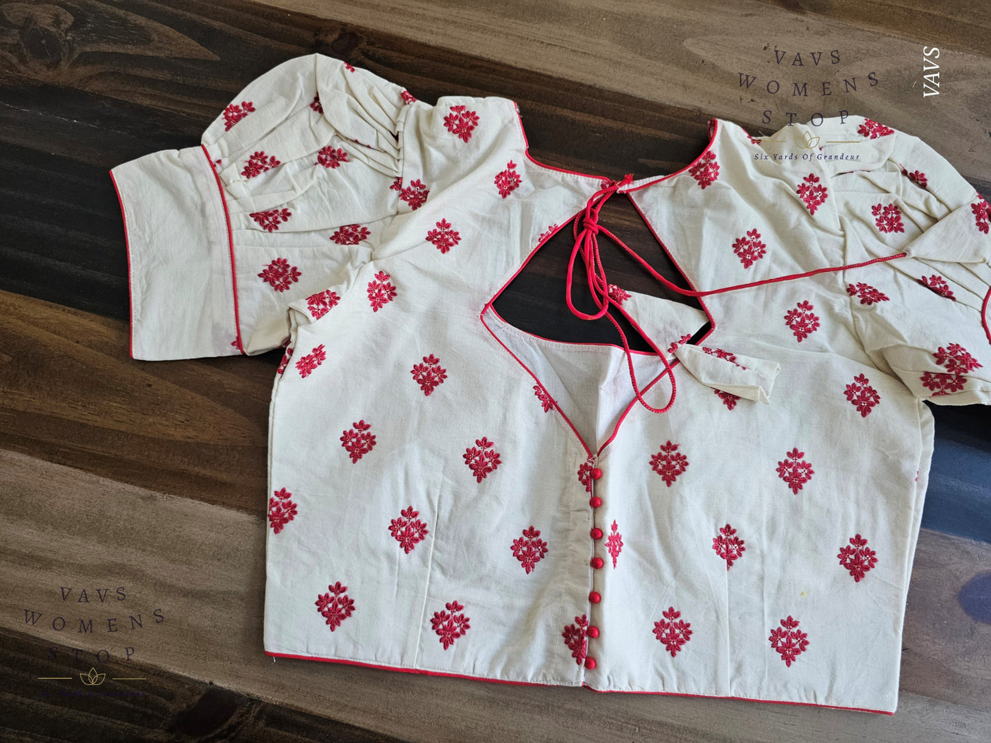 Shop off-white mul cotton blouse with red butta embroidery & puff sleeves. Size 36 extendable to 42. Elegant designer blouse, ready to ship from USA.