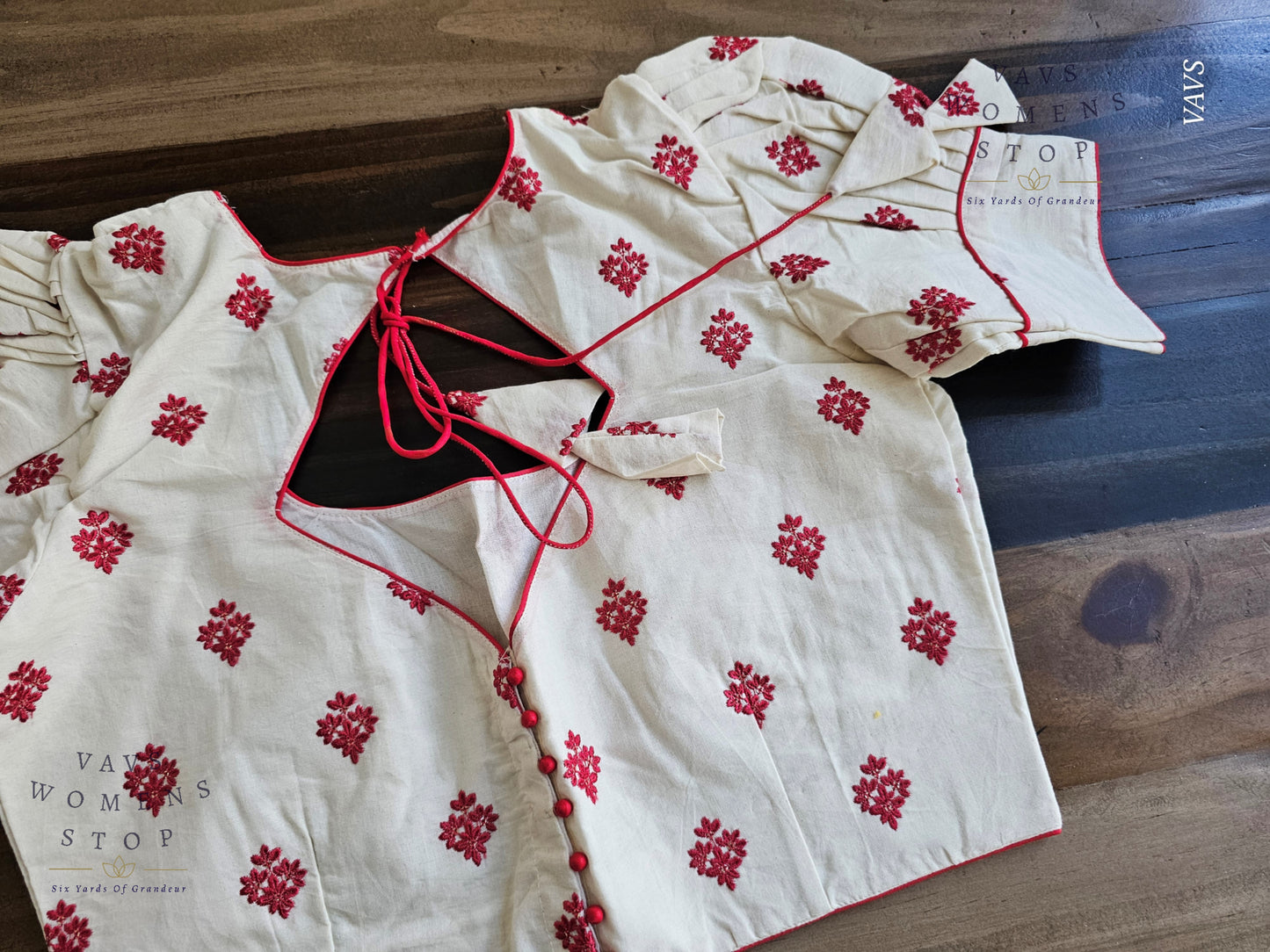Shop off-white mul cotton blouse with red butta embroidery & puff sleeves. Size 36 extendable to 42. Elegant designer blouse, ready to ship from USA.