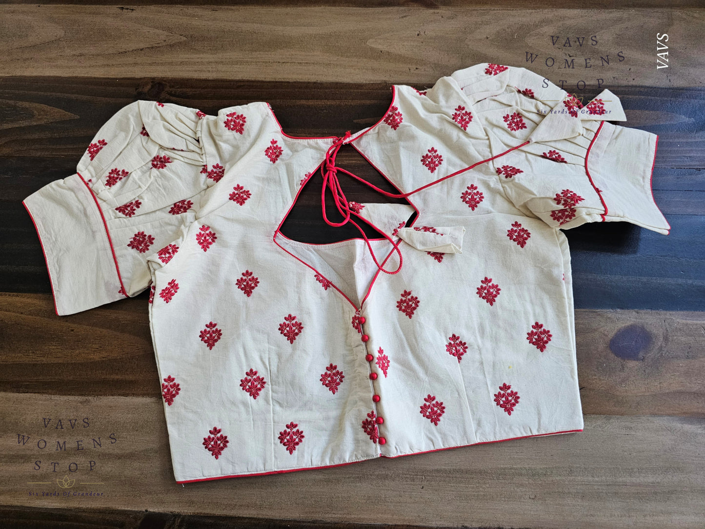 Shop off-white mul cotton blouse with red butta embroidery & puff sleeves. Size 36 extendable to 42. Elegant designer blouse, ready to ship from USA.