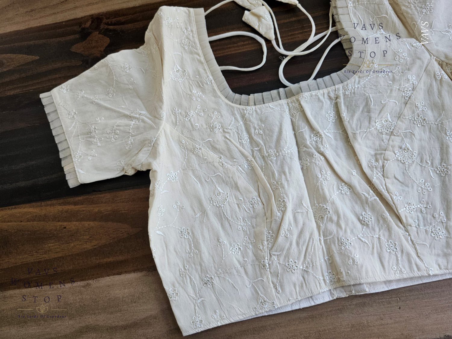 Elegant Off-White Mul Cotton Blouse with Chikankari embroidery. Designer stitched saree blouse for wedding, party, and festive wear – USA ready.”