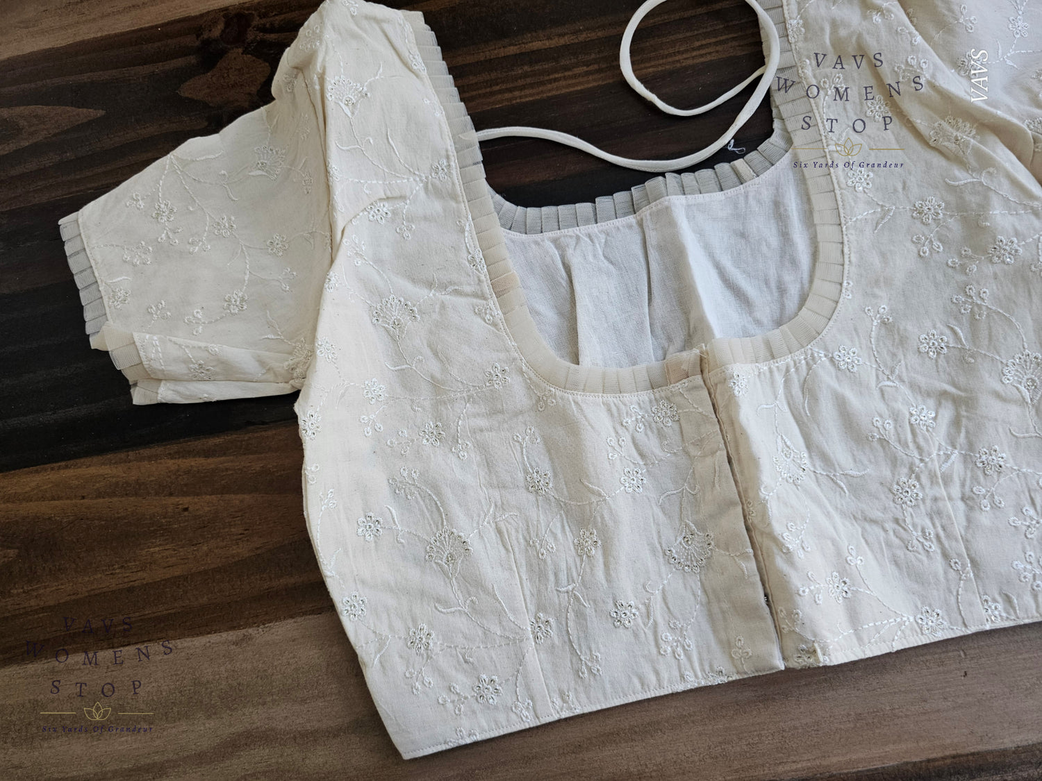 Elegant Off-White Mul Cotton Blouse with Chikankari embroidery. Designer stitched saree blouse for wedding, party, and festive wear – USA ready.”