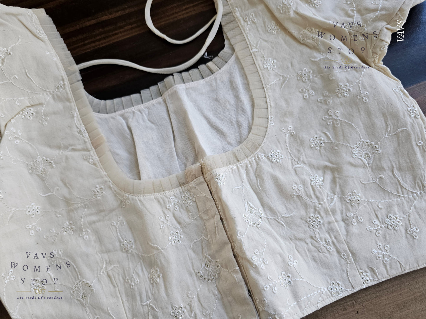 Elegant Off-White Mul Cotton Blouse with Chikankari embroidery. Designer stitched saree blouse for wedding, party, and festive wear – USA ready.”