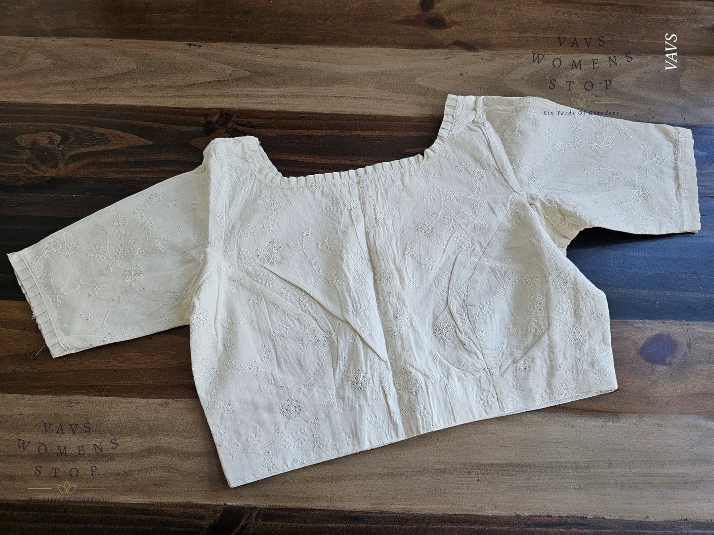 “Off-White soft cotton blouse with Chikankari work. Tailored designer saree blouse for wedding, festive & party occasions – ready to ship USA.”