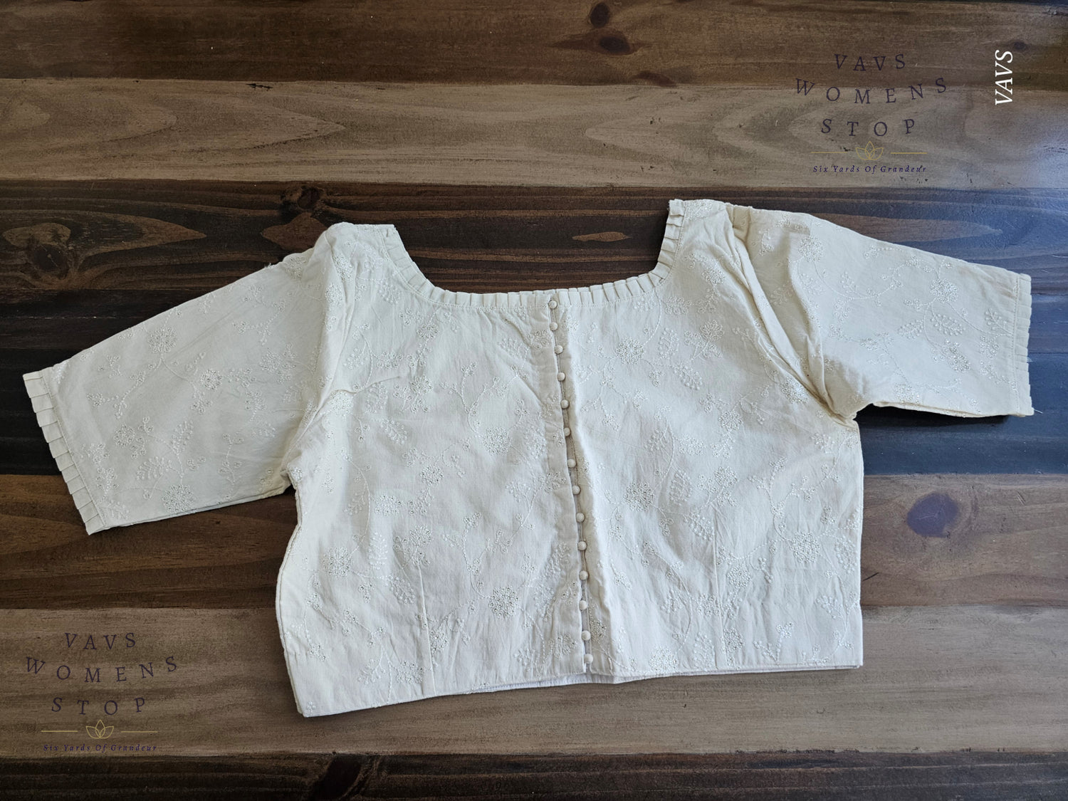 “Off-White soft cotton blouse with Chikankari work. Tailored designer saree blouse for wedding, festive & party occasions – ready to ship USA.”