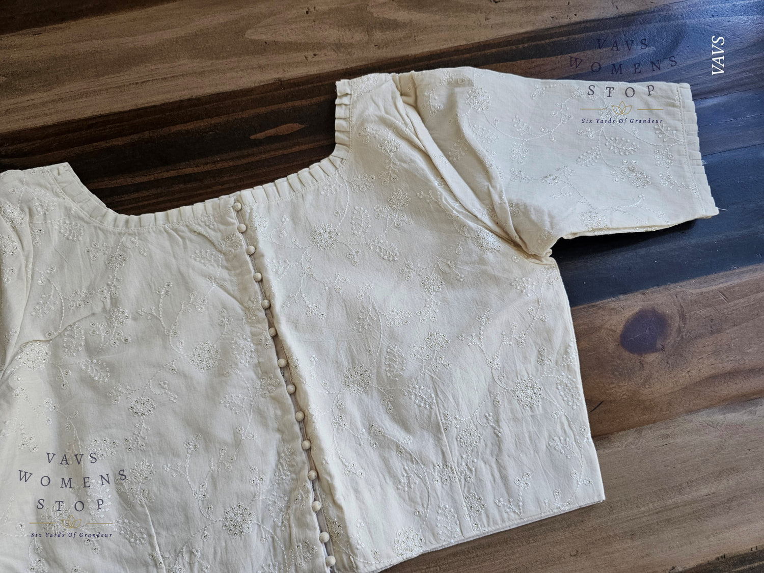 “Off-White soft cotton blouse with Chikankari work. Tailored designer saree blouse for wedding, festive & party occasions – ready to ship USA.”