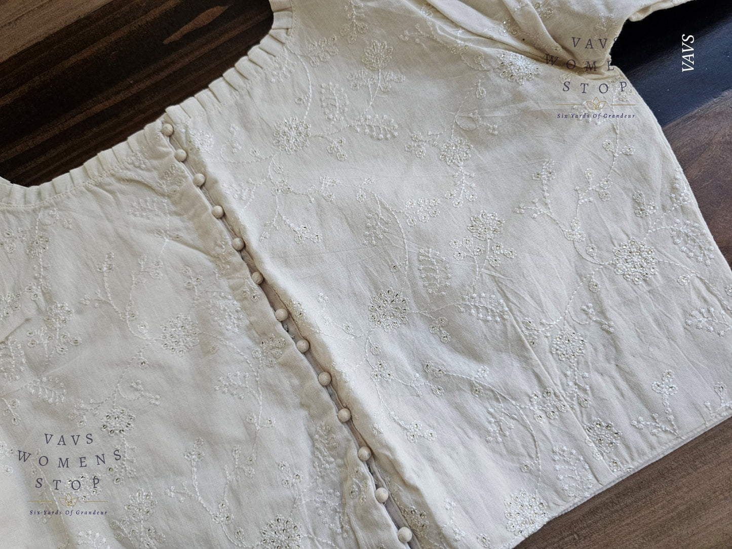 “Off-White soft cotton blouse with Chikankari work. Tailored designer saree blouse for wedding, festive & party occasions – ready to ship USA.”