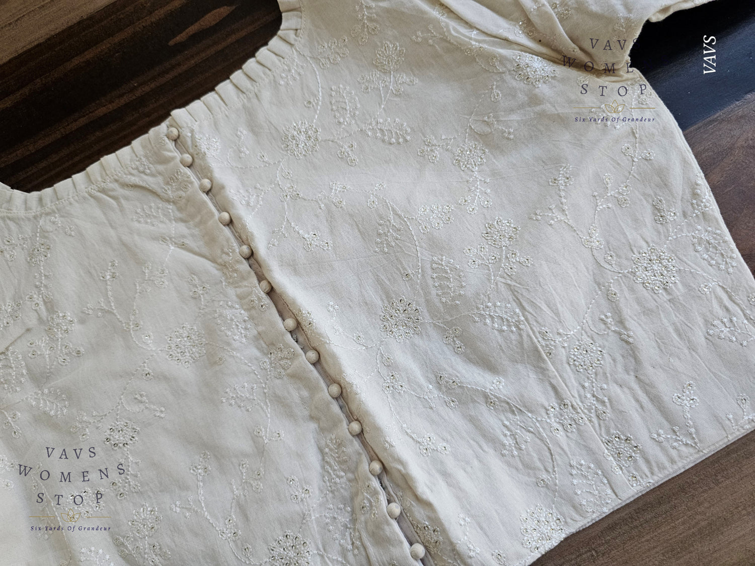 “Off-White soft cotton blouse with Chikankari work. Tailored designer saree blouse for wedding, festive & party occasions – ready to ship USA.”