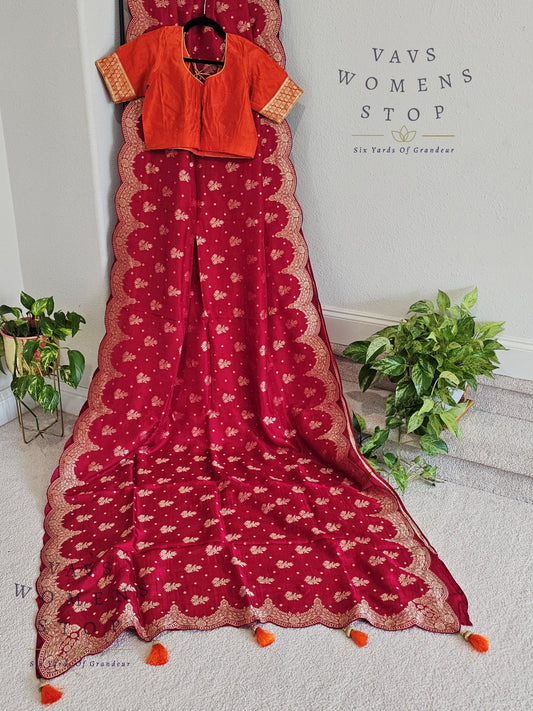 Scalloped Border All Over Butta Fancy Dola Silk Dark Pink Saree with Orange Blouse