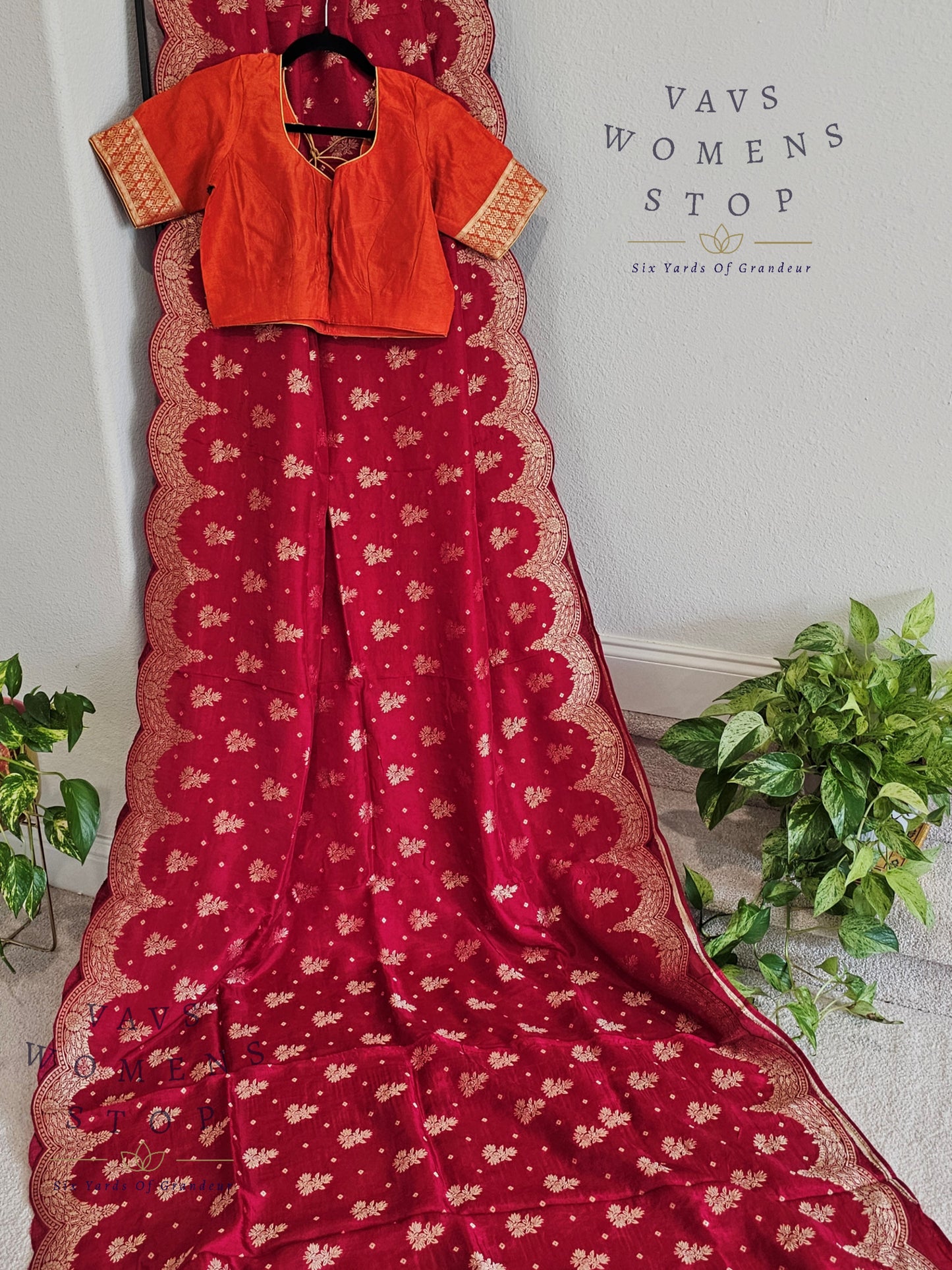 Scalloped Border All Over Butta Fancy Dola Silk Dark Pink Saree with Orange Blouse
