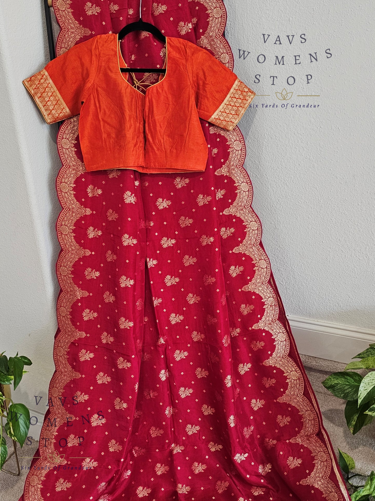 Scalloped Border All Over Butta Fancy Dola Silk Dark Pink Saree with Orange Blouse