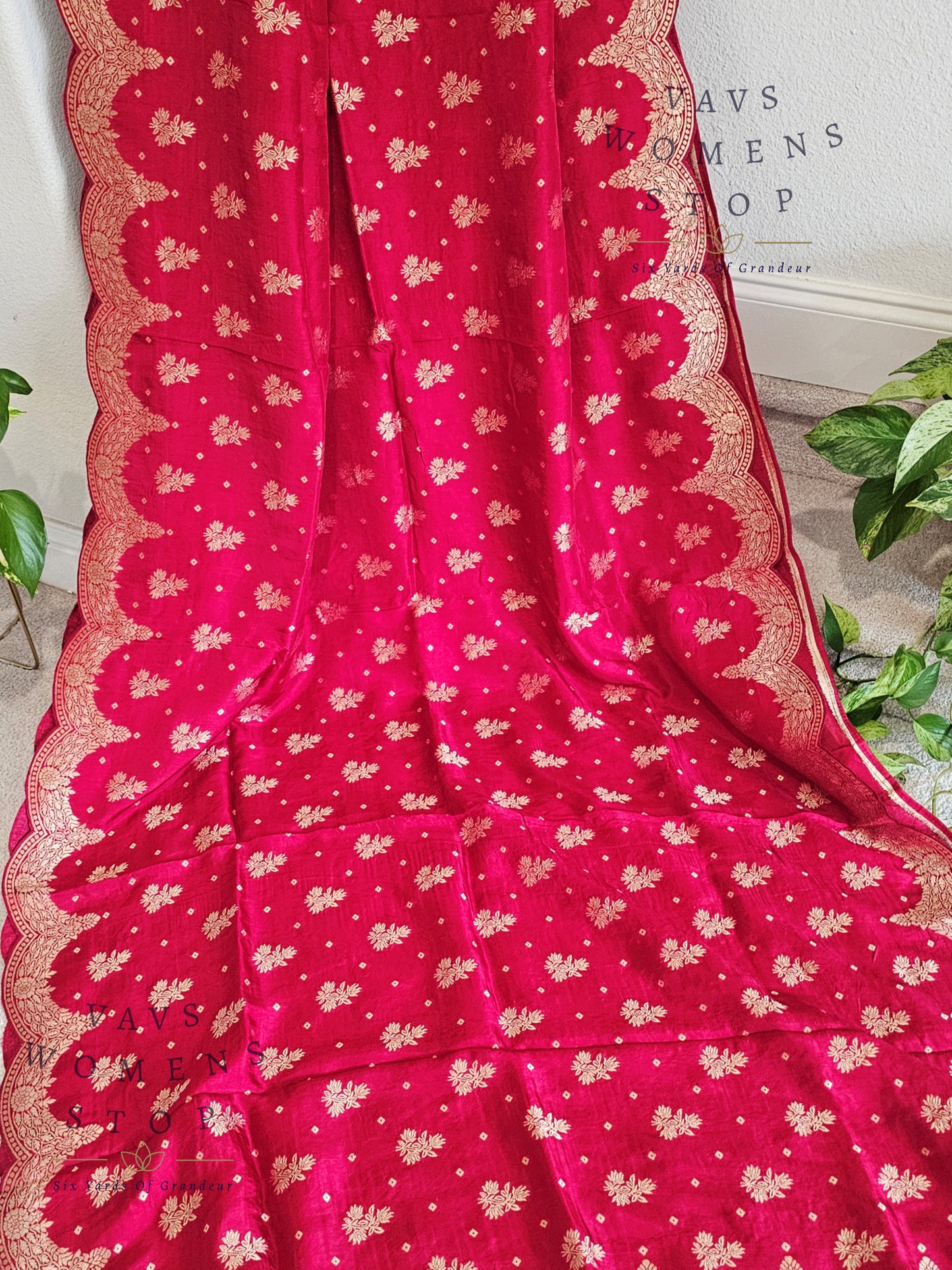 Scalloped Border All Over Butta Fancy Dola Silk Dark Pink Saree with Orange Blouse