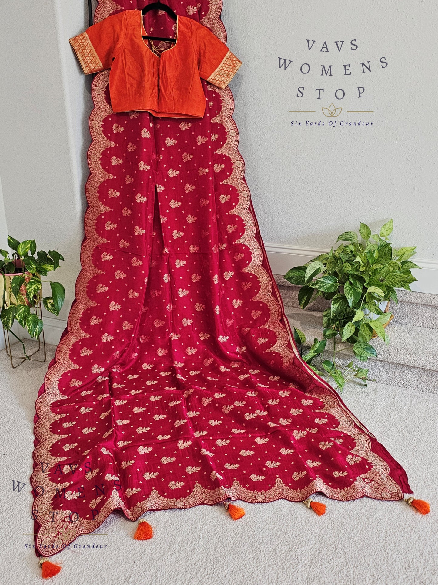 Scalloped Border All Over Butta Fancy Dola Silk Dark Pink Saree with Orange Blouse