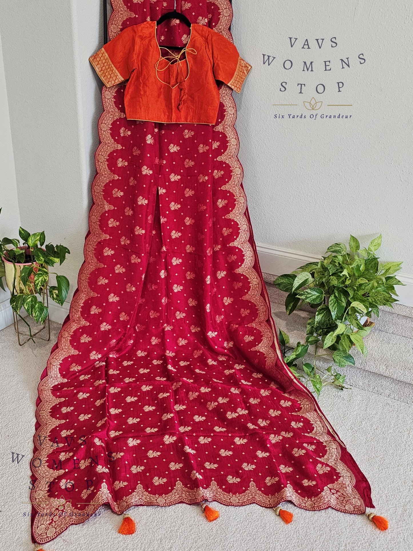 Scalloped Border All Over Butta Fancy Dola Silk Dark Pink Saree with Orange Blouse