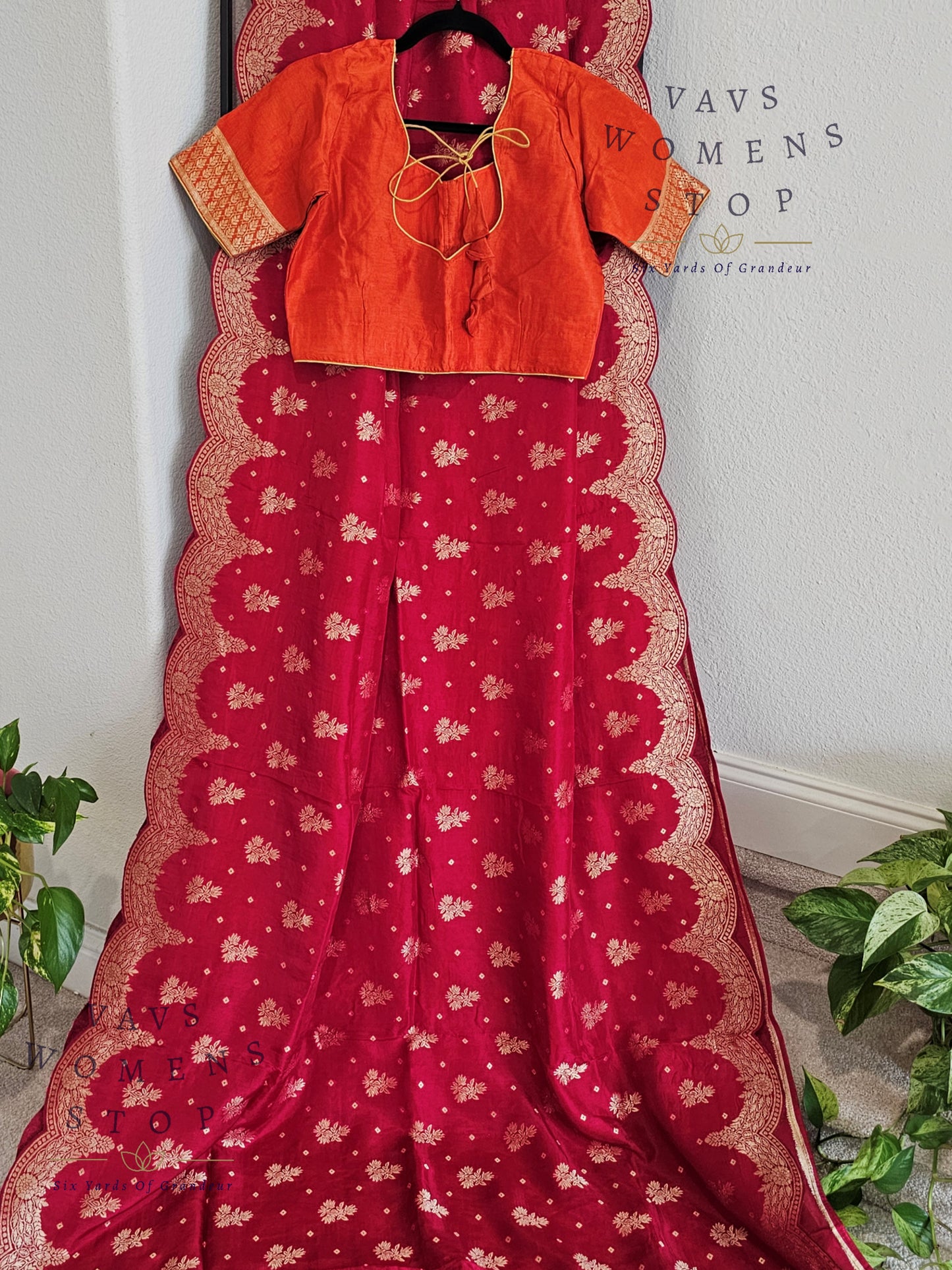 Scalloped Border All Over Butta Fancy Dola Silk Dark Pink Saree with Orange Blouse