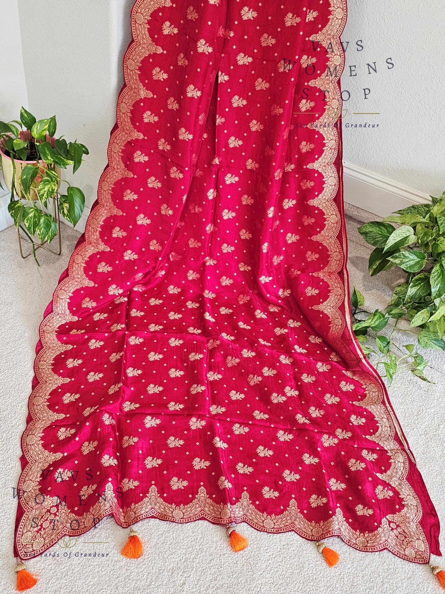 Scalloped Border All Over Butta Fancy Dola Silk Dark Pink Saree with Orange Blouse