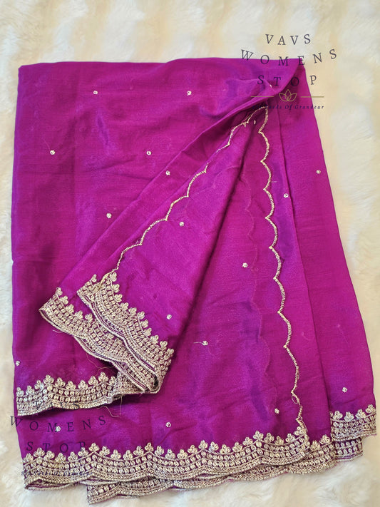 Shop elegant Purple Chinon Silk Dupatta featuring a delicate cutwork scalloped border. Perfect for pairing with lehengas, sarees, and festive outfits for weddings, parties, and special occasions.