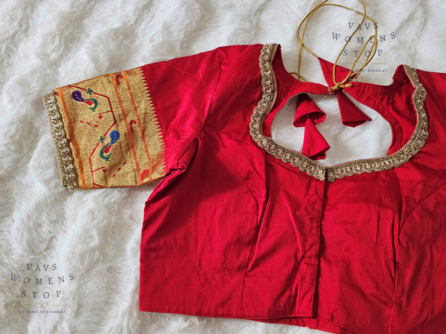 Traditional Red Paithani Silk Blouse – Size 38 extends to 44. Authentic handwoven design, perfect for weddings, festive & cultural occasions. Ready to ship from USA.
