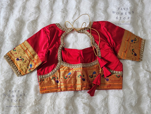 Traditional Red Paithani Silk Blouse – Size 38 extends to 44. Authentic handwoven design, perfect for weddings, festive & cultural occasions. Ready to ship from USA.