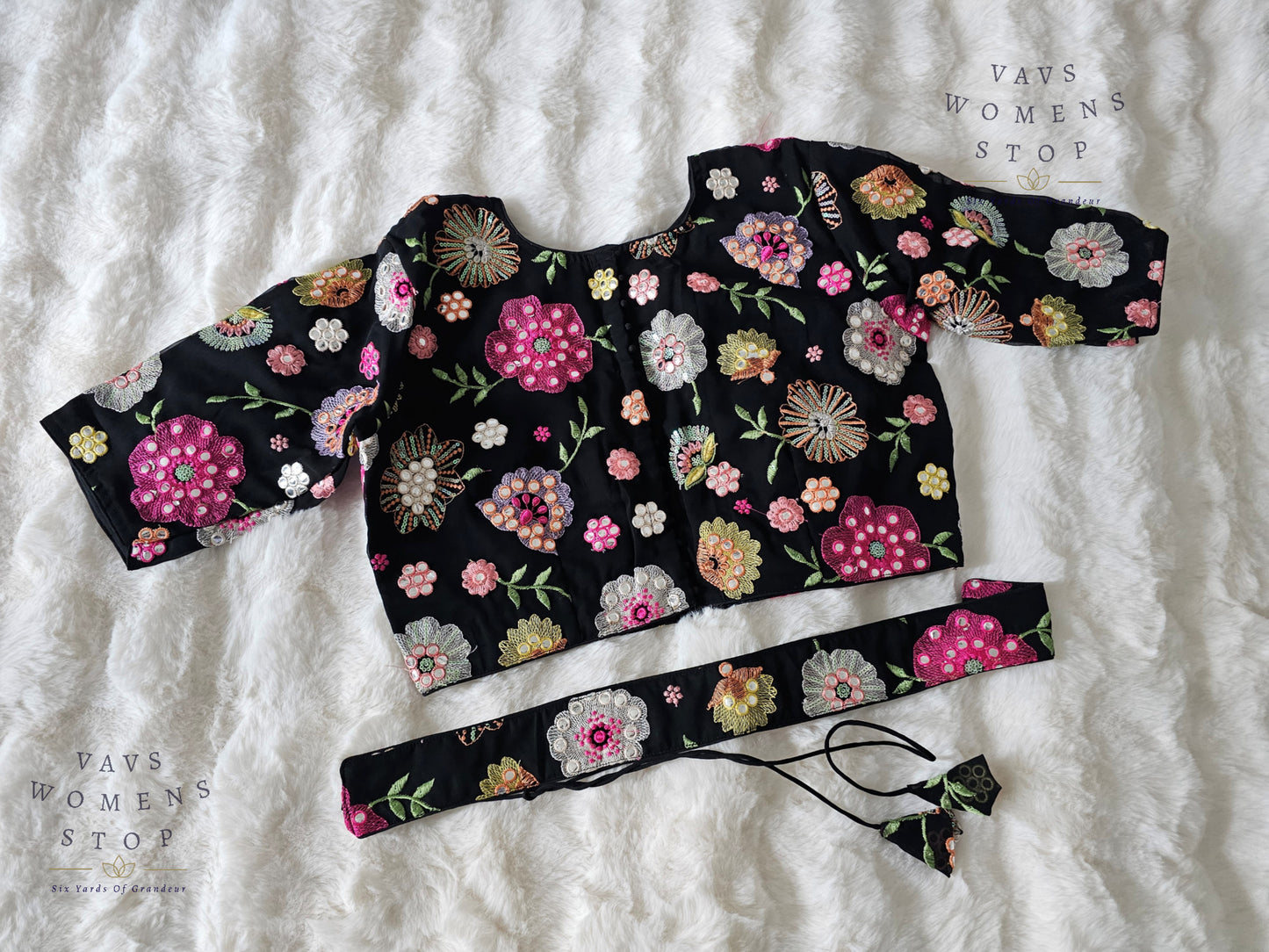 Shop elegant Black Georgette Party Wear Blouse with machine floral embroidery. Size 40, extendable up to 46. Perfect to pair with sarees & lehengas for weddings, parties & festive occasions.