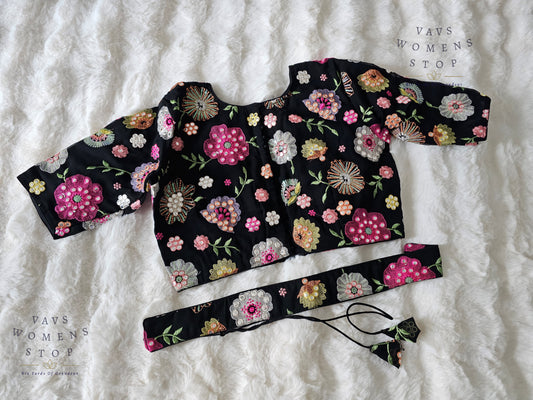 Shop elegant Black Georgette Party Wear Blouse with machine floral embroidery. Size 40, extendable up to 46. Perfect to pair with sarees & lehengas for weddings, parties & festive occasions.
