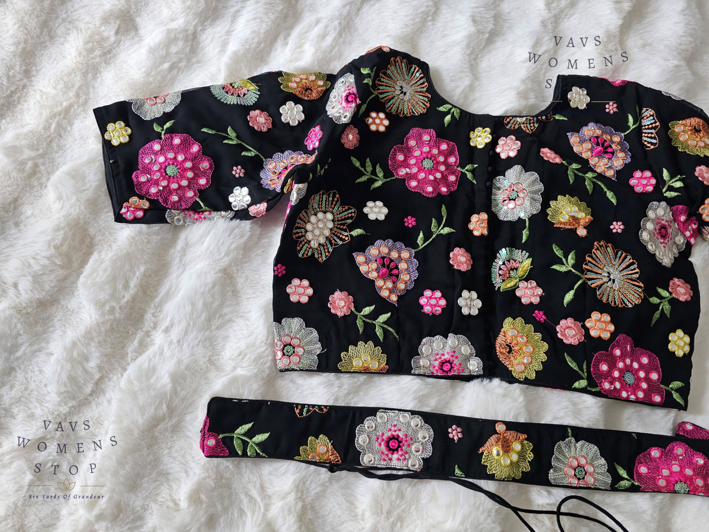 Shop elegant Black Georgette Party Wear Blouse with machine floral embroidery. Size 40, extendable up to 46. Perfect to pair with sarees & lehengas for weddings, parties & festive occasions.
