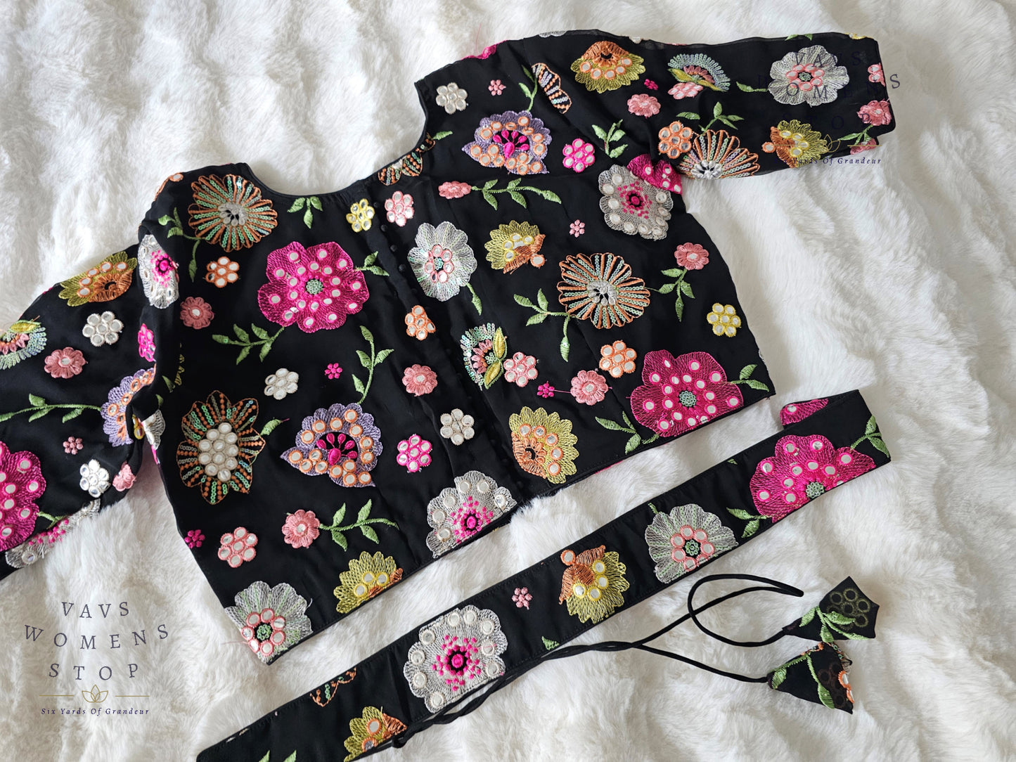 Shop elegant Black Georgette Party Wear Blouse with machine floral embroidery. Size 40, extendable up to 46. Perfect to pair with sarees & lehengas for weddings, parties & festive occasions.