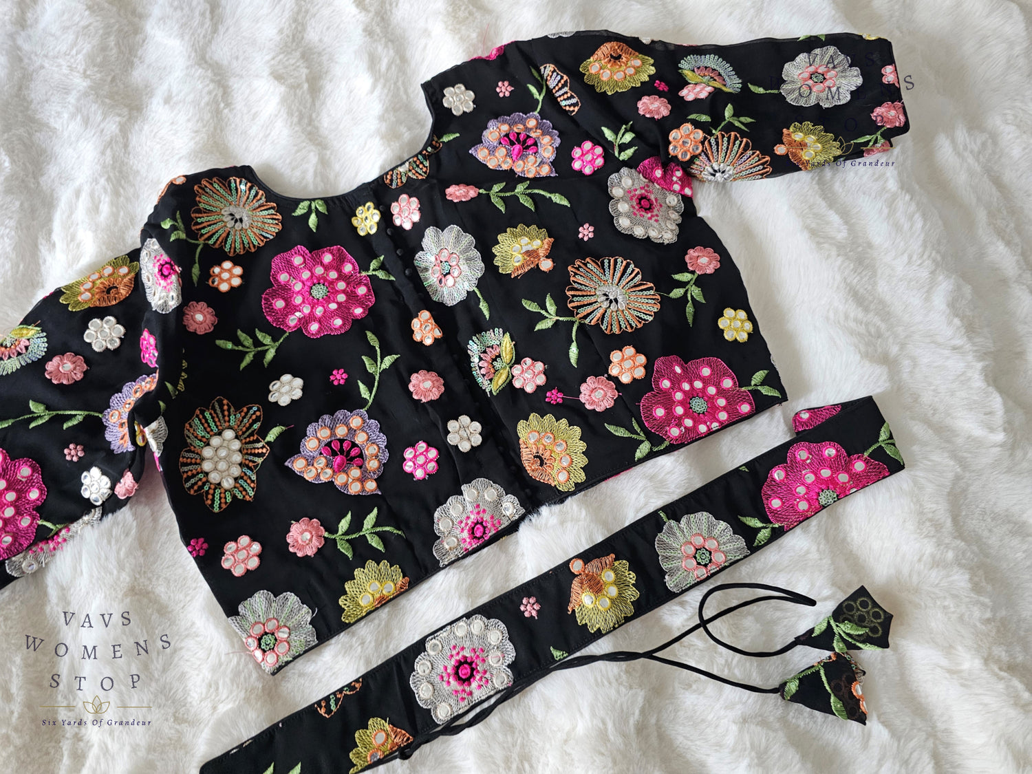 Shop elegant Black Georgette Party Wear Blouse with machine floral embroidery. Size 40, extendable up to 46. Perfect to pair with sarees & lehengas for weddings, parties & festive occasions.