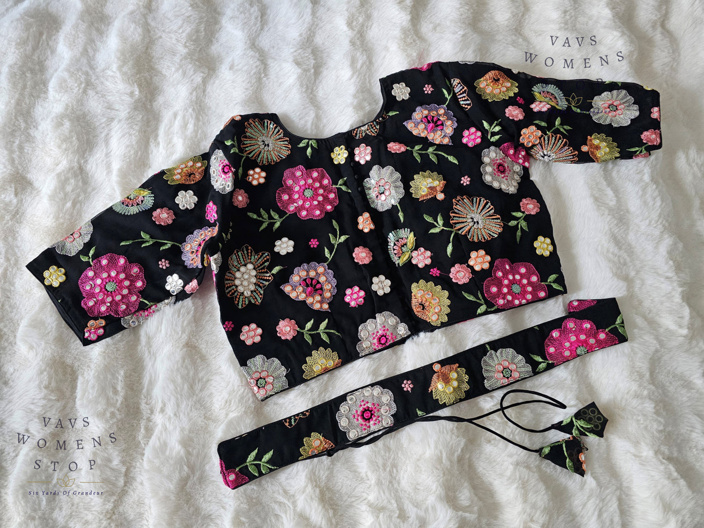 Shop elegant Black Georgette Party Wear Blouse with machine floral embroidery. Size 40, extendable up to 46. Perfect to pair with sarees & lehengas for weddings, parties & festive occasions.