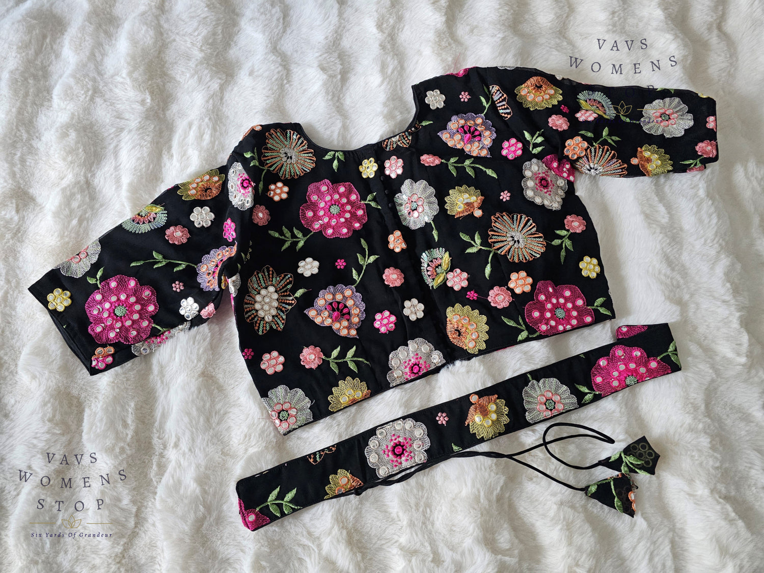 Shop elegant Black Georgette Party Wear Blouse with machine floral embroidery. Size 40, extendable up to 46. Perfect to pair with sarees & lehengas for weddings, parties & festive occasions.