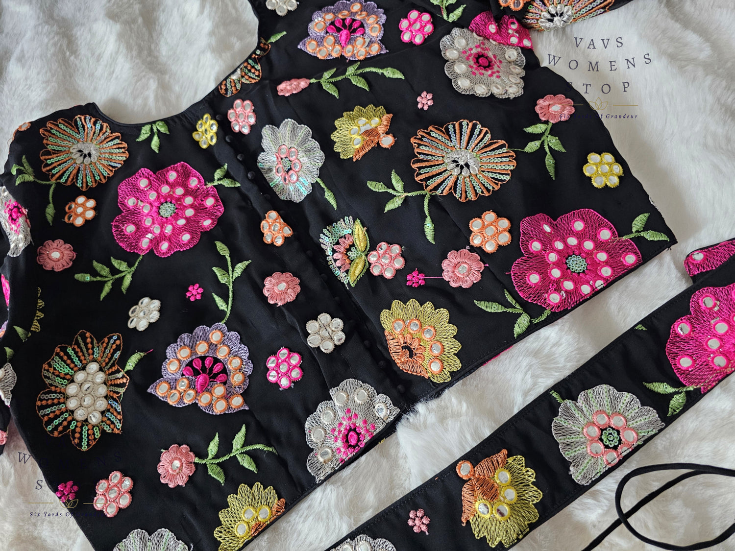 Shop elegant Black Georgette Party Wear Blouse with machine floral embroidery. Size 40, extendable up to 46. Perfect to pair with sarees & lehengas for weddings, parties & festive occasions.
