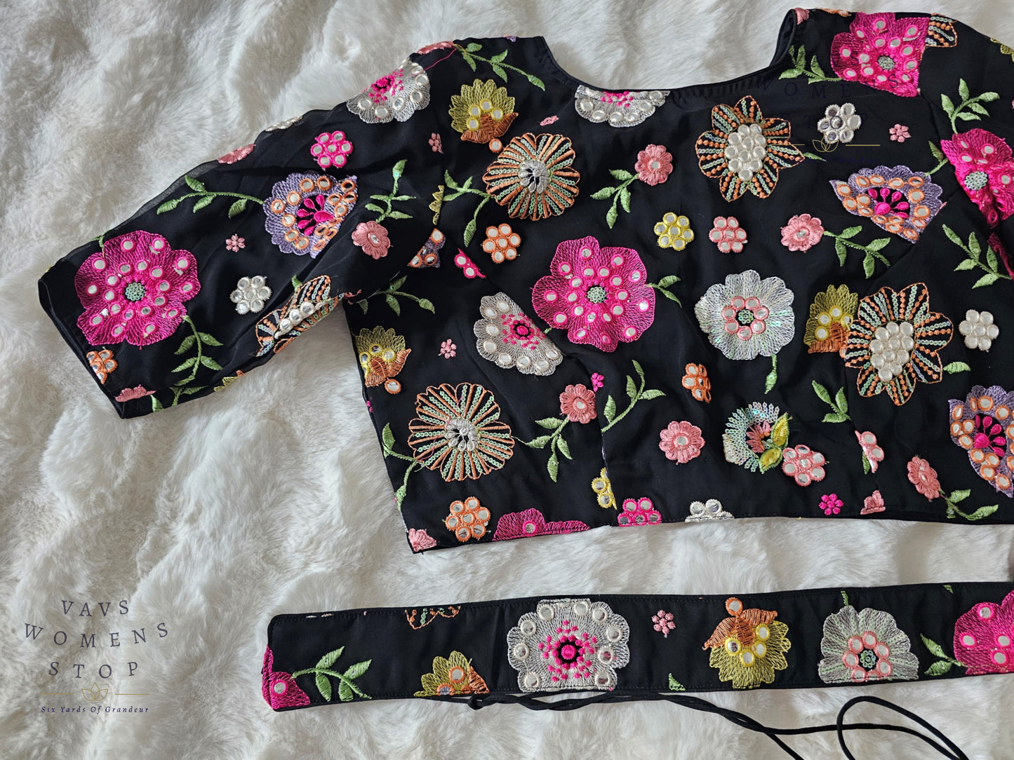 Shop elegant Black Georgette Party Wear Blouse with machine floral embroidery. Size 40, extendable up to 46. Perfect to pair with sarees & lehengas for weddings, parties & festive occasions.