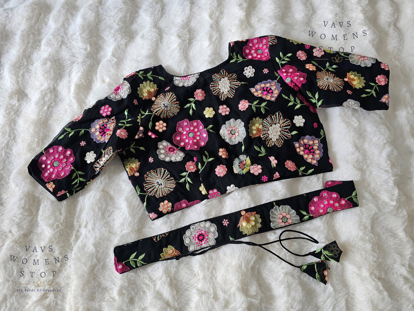 Shop elegant Black Georgette Party Wear Blouse with machine floral embroidery. Size 40, extendable up to 46. Perfect to pair with sarees & lehengas for weddings, parties & festive occasions.