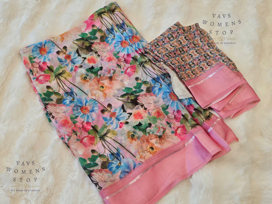 Baby Pink Shade Floral Print Soft Georgette Saree – Elegant Party & Festive Wear