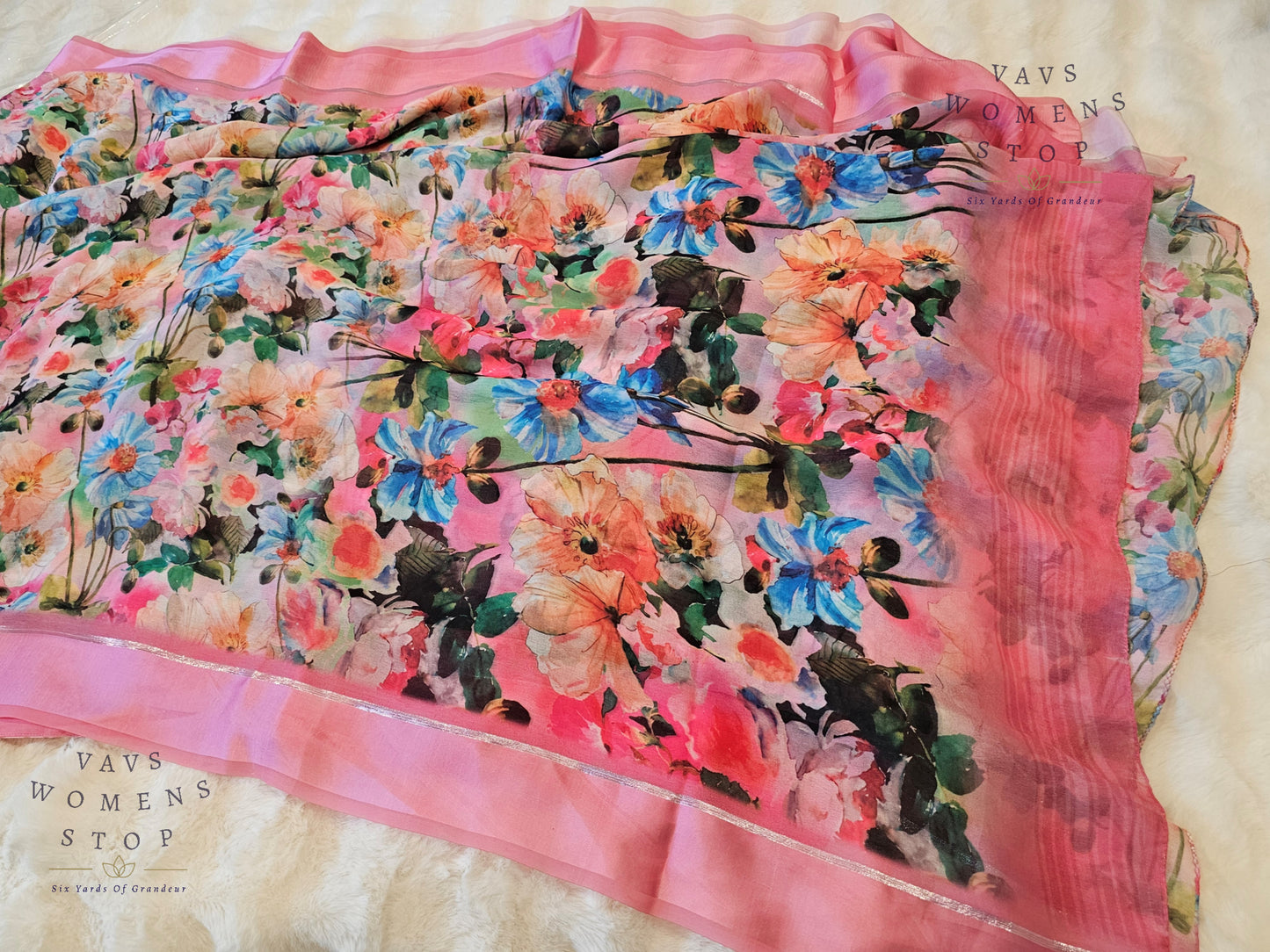 Baby Pink Shade Floral Print Soft Georgette Saree – Elegant Party & Festive Wear