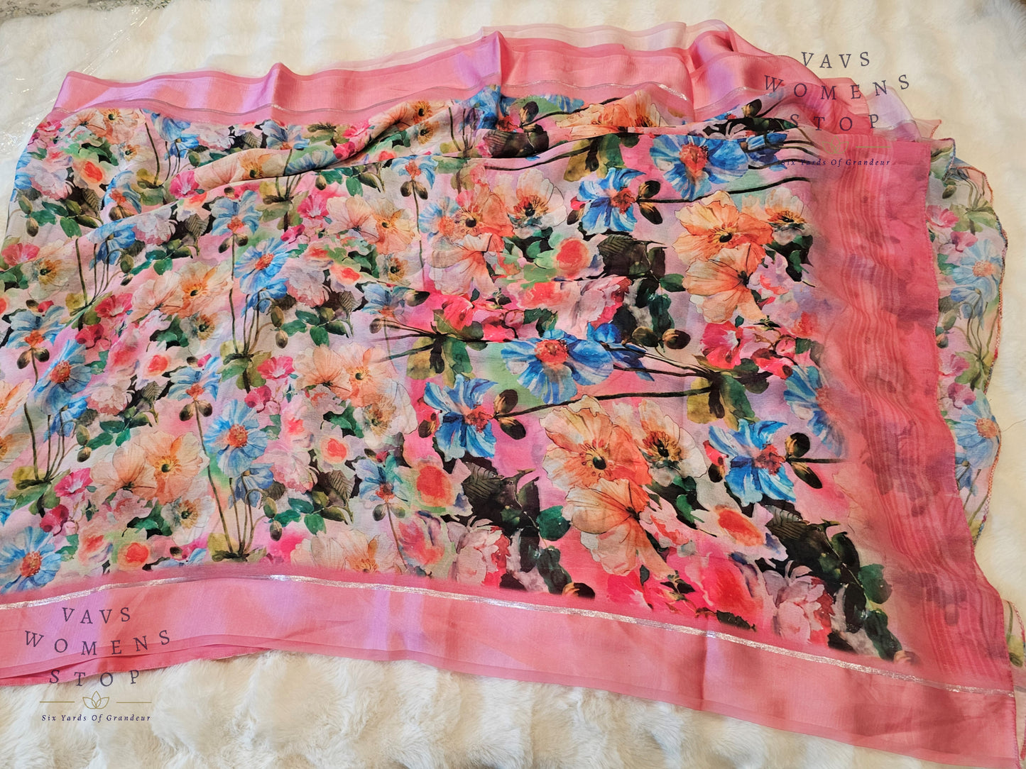 Baby Pink Shade Floral Print Soft Georgette Saree – Elegant Party & Festive Wear