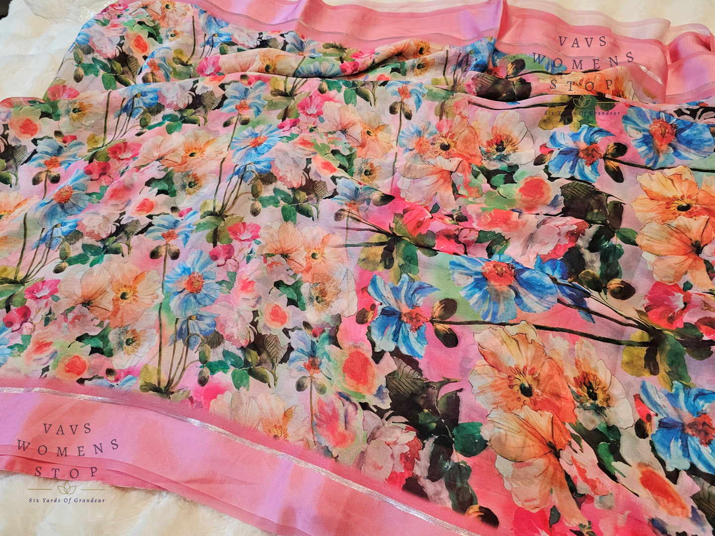 Baby Pink Shade Floral Print Soft Georgette Saree – Elegant Party & Festive Wear