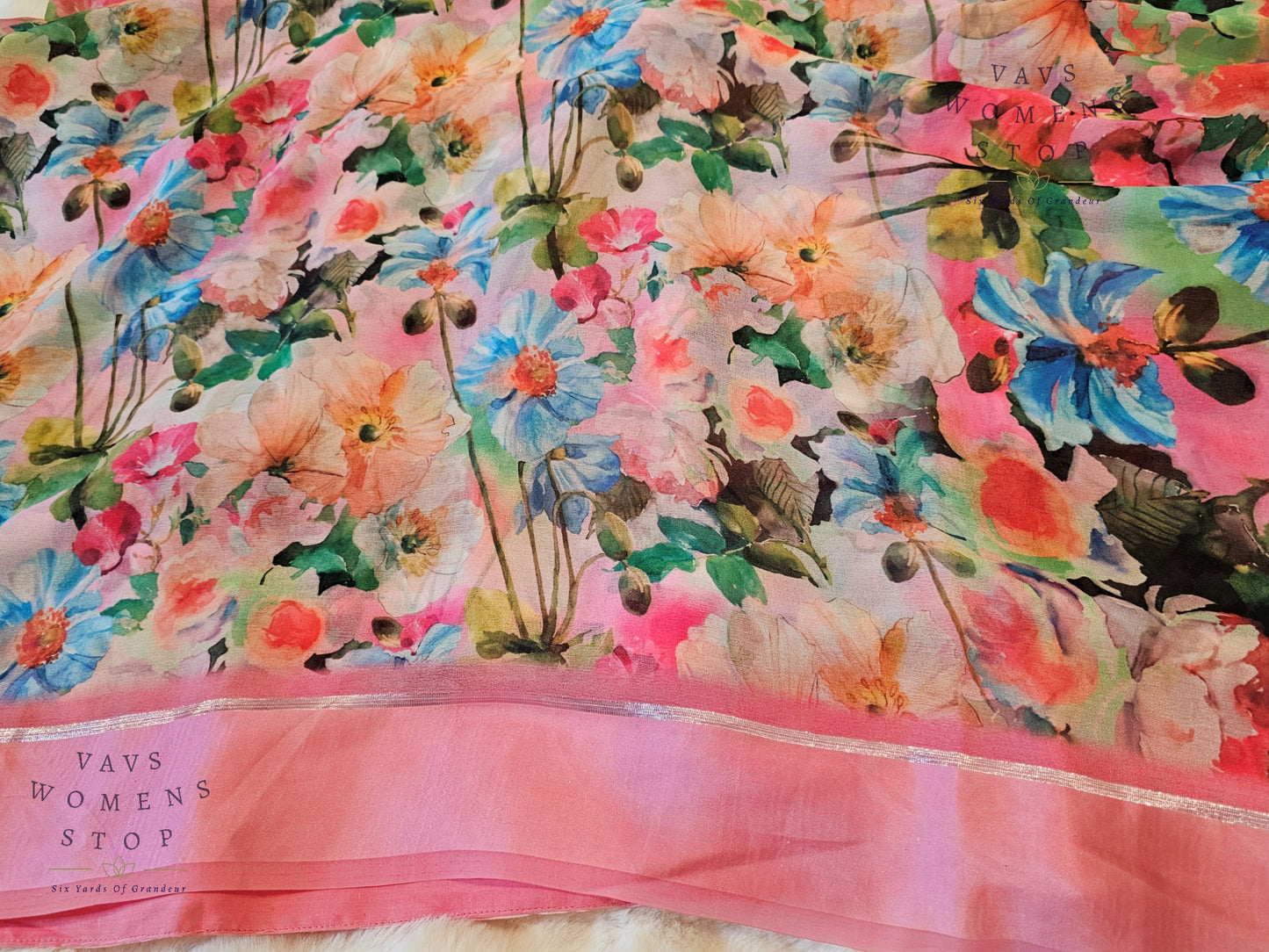 Baby Pink Shade Floral Print Soft Georgette Saree – Elegant Party & Festive Wear