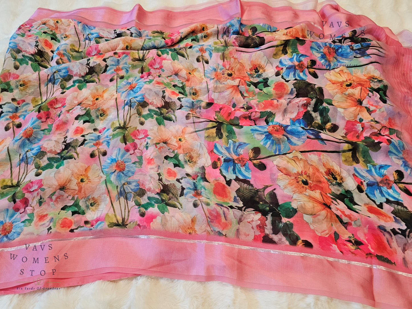 Baby Pink Shade Floral Print Soft Georgette Saree – Elegant Party & Festive Wear