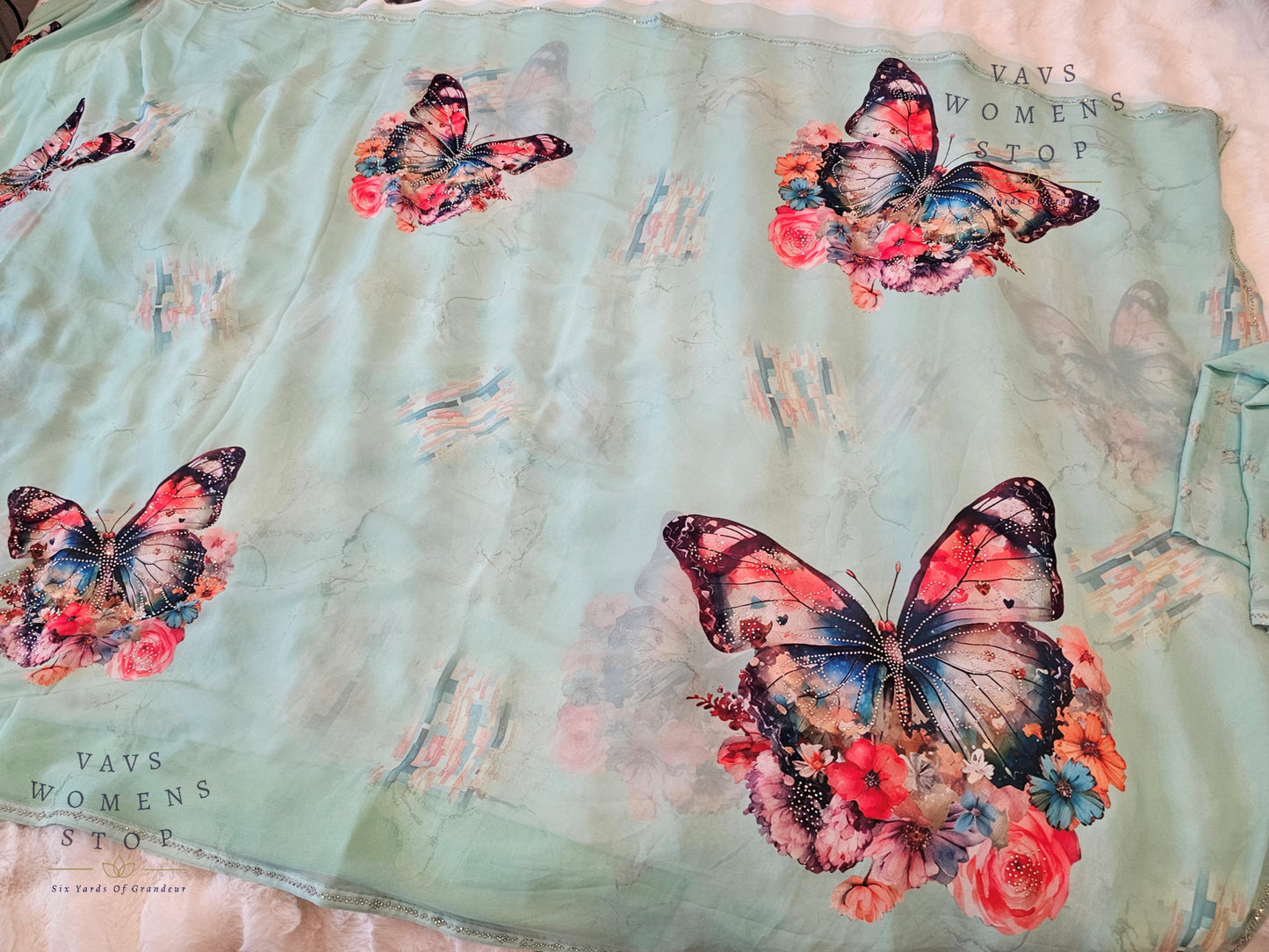 Soft Georgette Sea Green Saree with Butterfly Butta & Mukaish Stonework