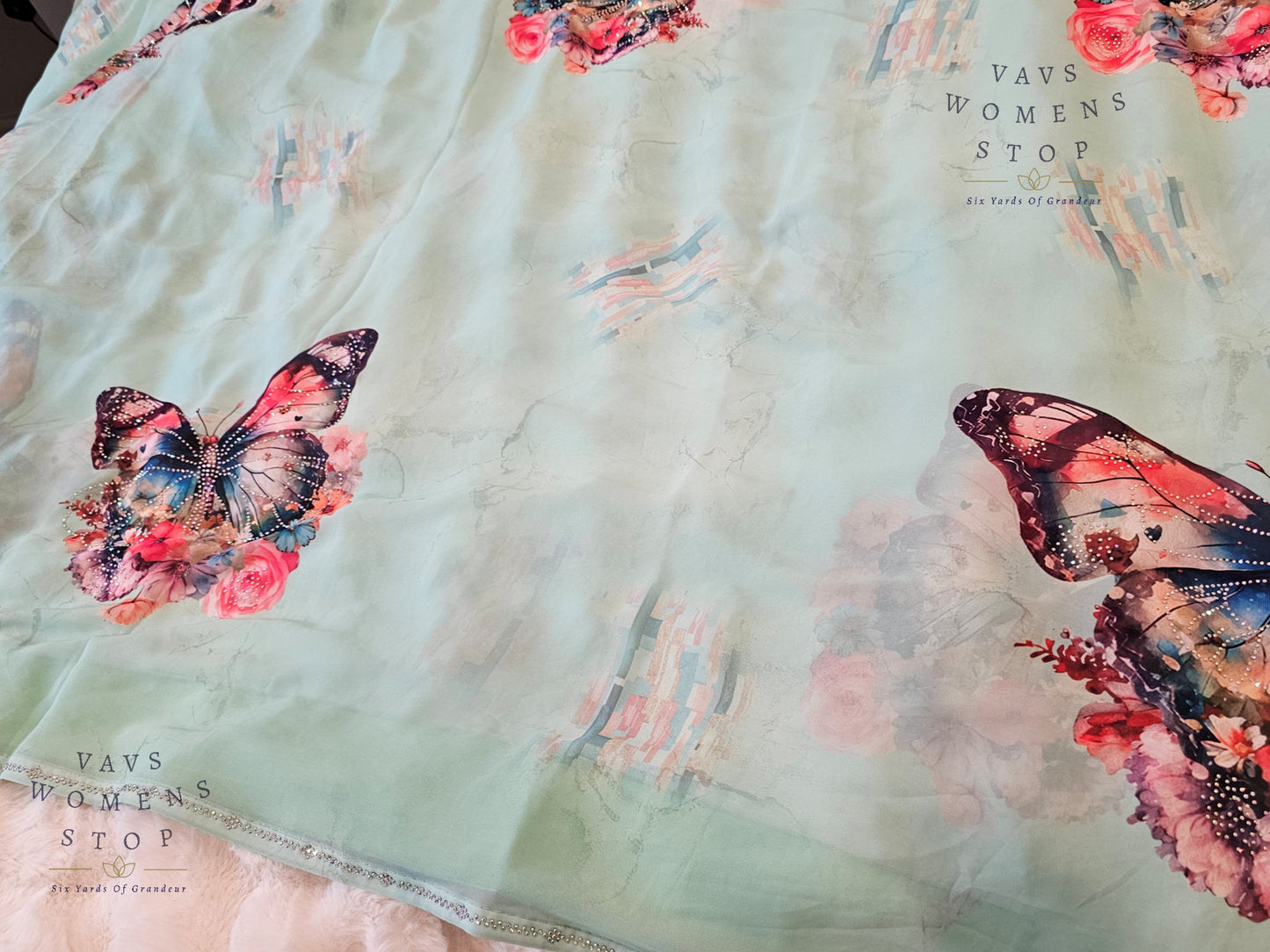 Soft Georgette Sea Green Saree with Butterfly Butta & Mukaish Stonework