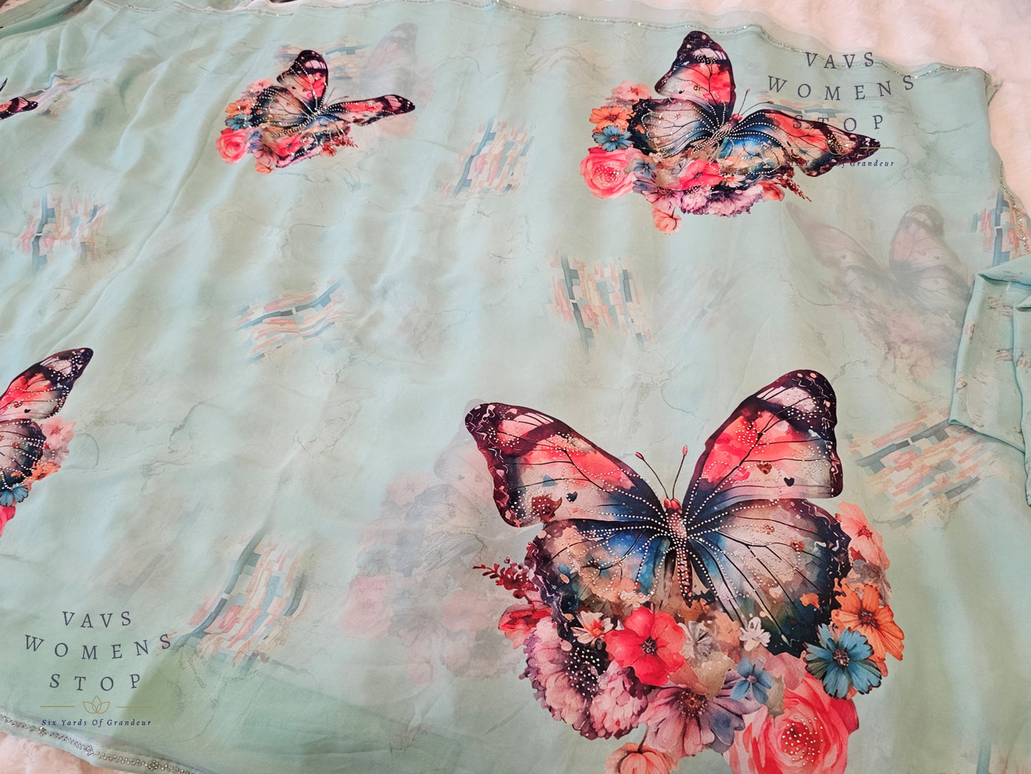 Soft Georgette Sea Green Saree with Butterfly Butta & Mukaish Stonework