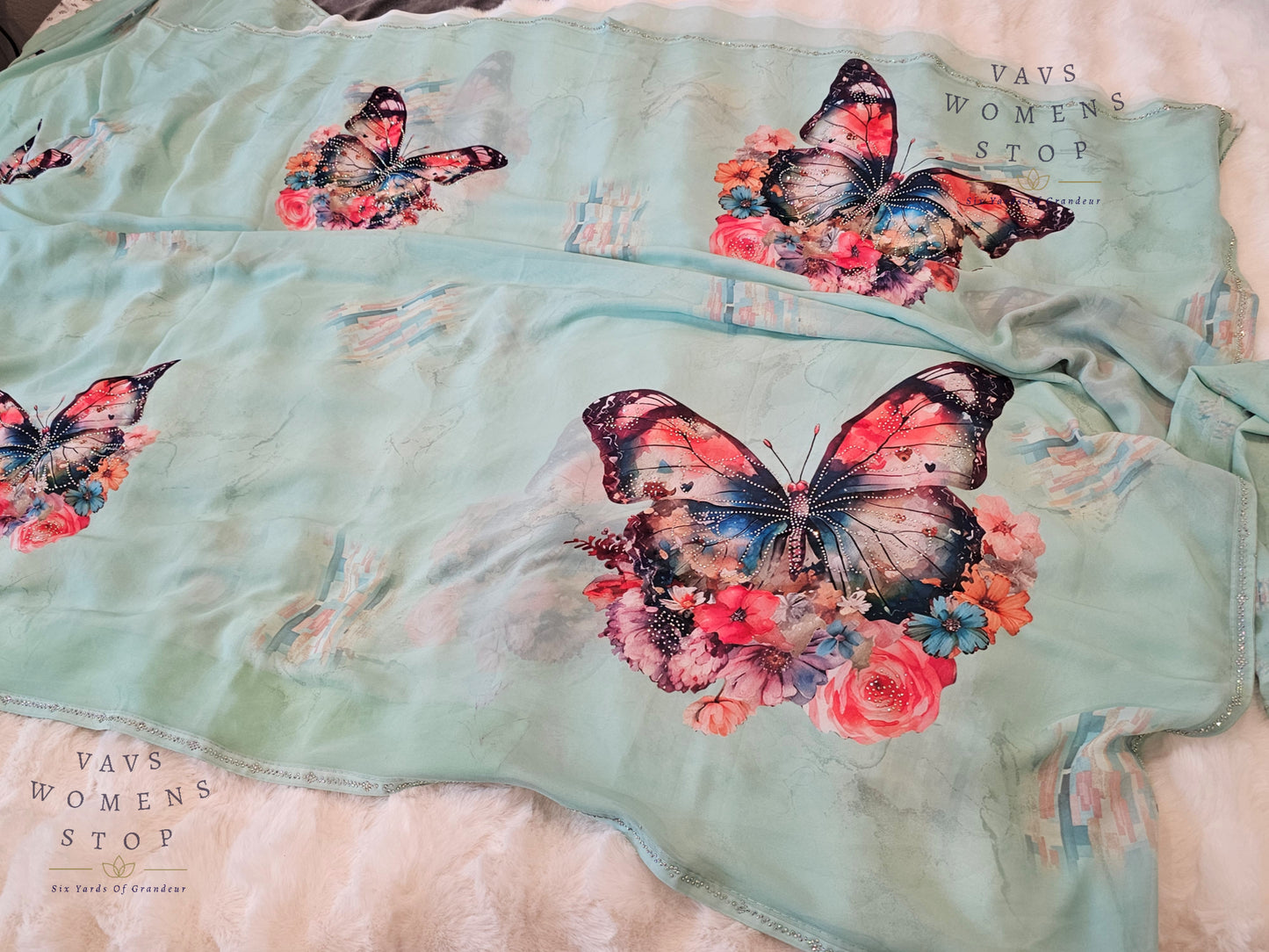 Soft Georgette Sea Green Saree with Butterfly Butta & Mukaish Stonework