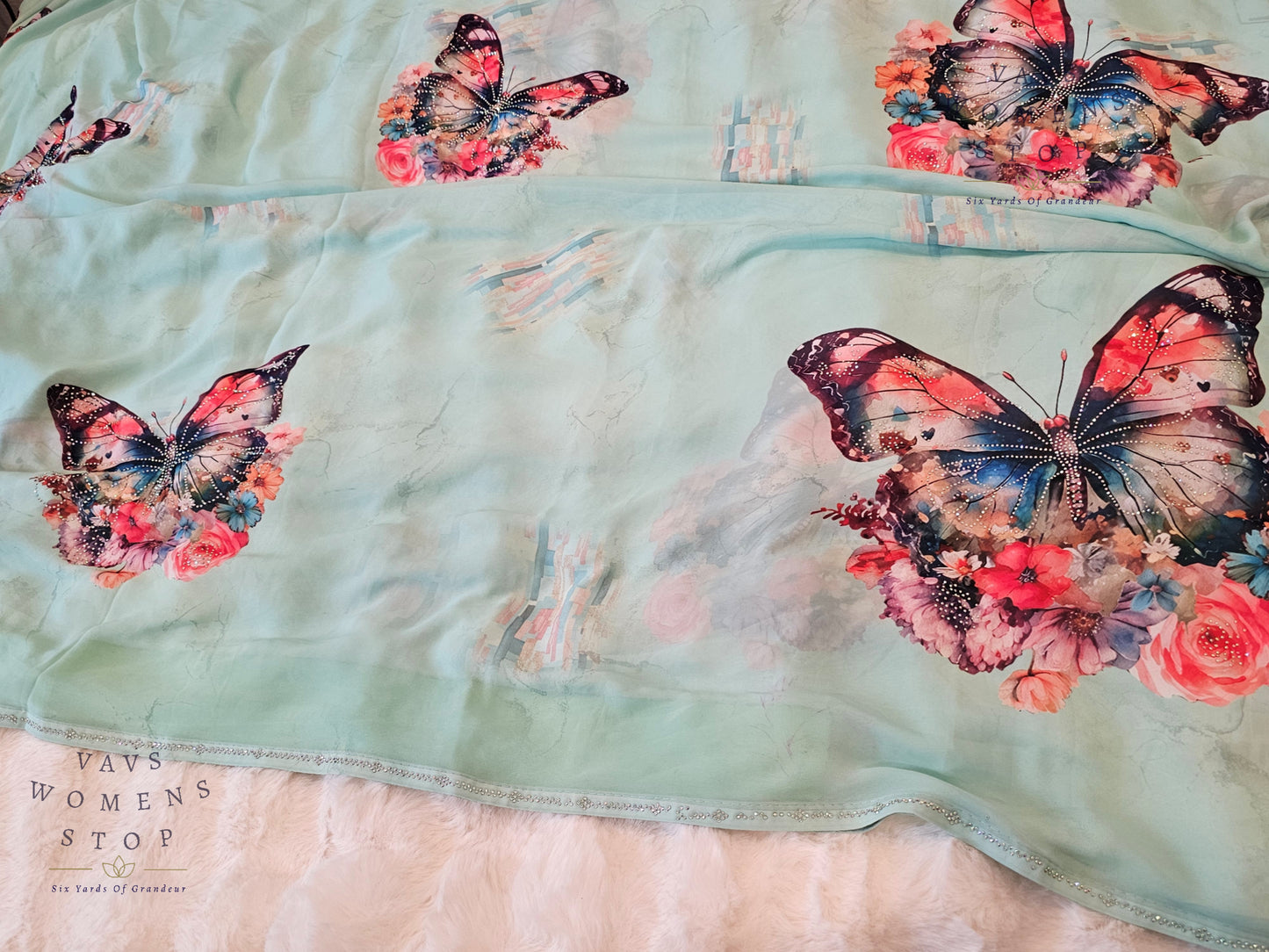 Soft Georgette Sea Green Saree with Butterfly Butta & Mukaish Stonework