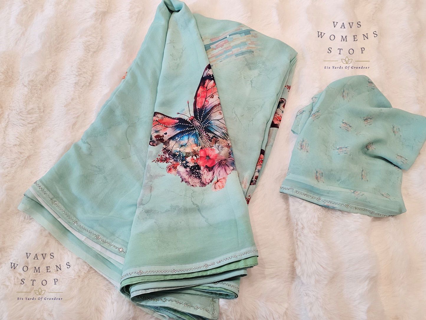 Soft Georgette Sea Green Saree with Butterfly Butta & Mukaish Stonework
