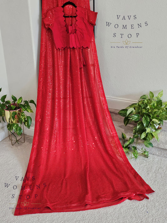 Designer Red Net Saree & Blouse – Cocktail & Party Wear - VAVS WOMENS STOP - Blouse Size 38 Extends To 44. Ready to ship.
