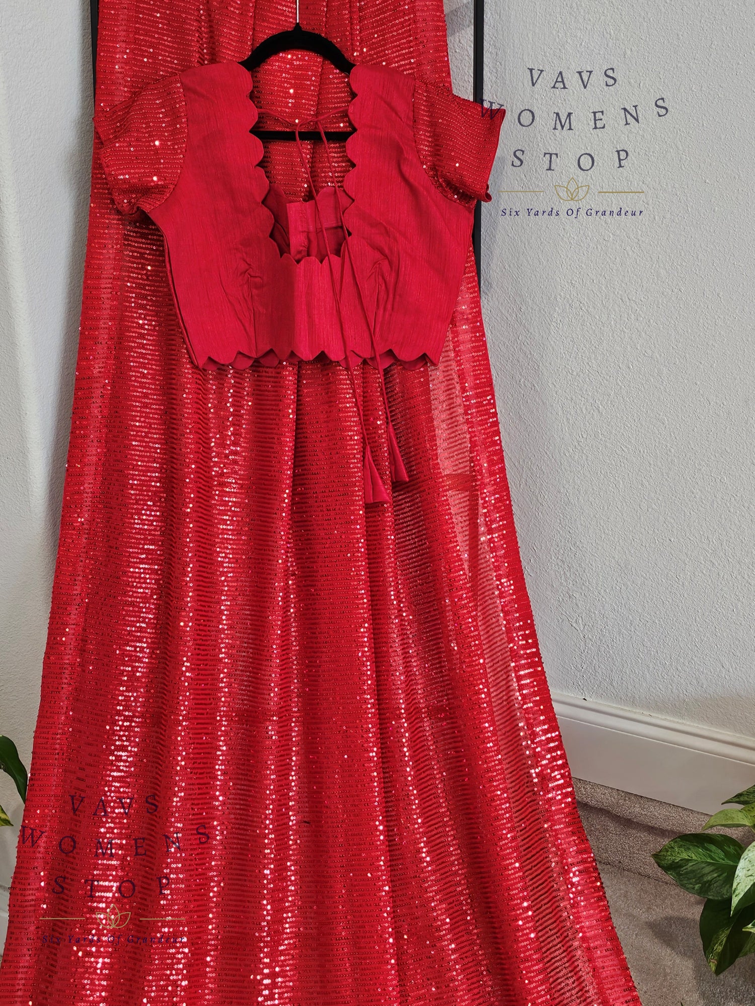 Designer Red Net Saree & Blouse – Cocktail & Party Wear - VAVS WOMENS STOP - Blouse Size 38 Extends To 44. Ready to ship.