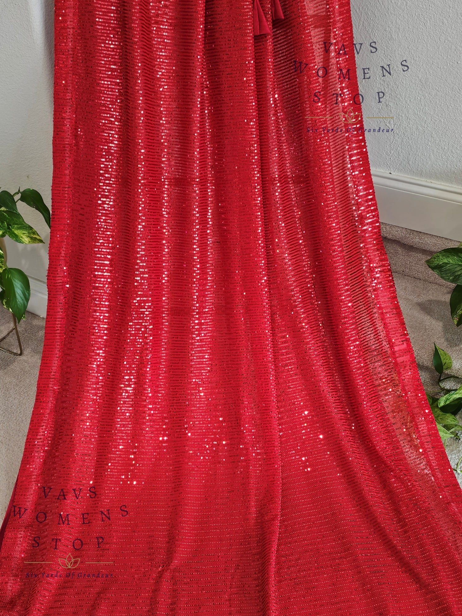 Designer Red Net Saree & Blouse – Cocktail & Party Wear - VAVS WOMENS STOP - Blouse Size 38 Extends To 44. Ready to ship.
