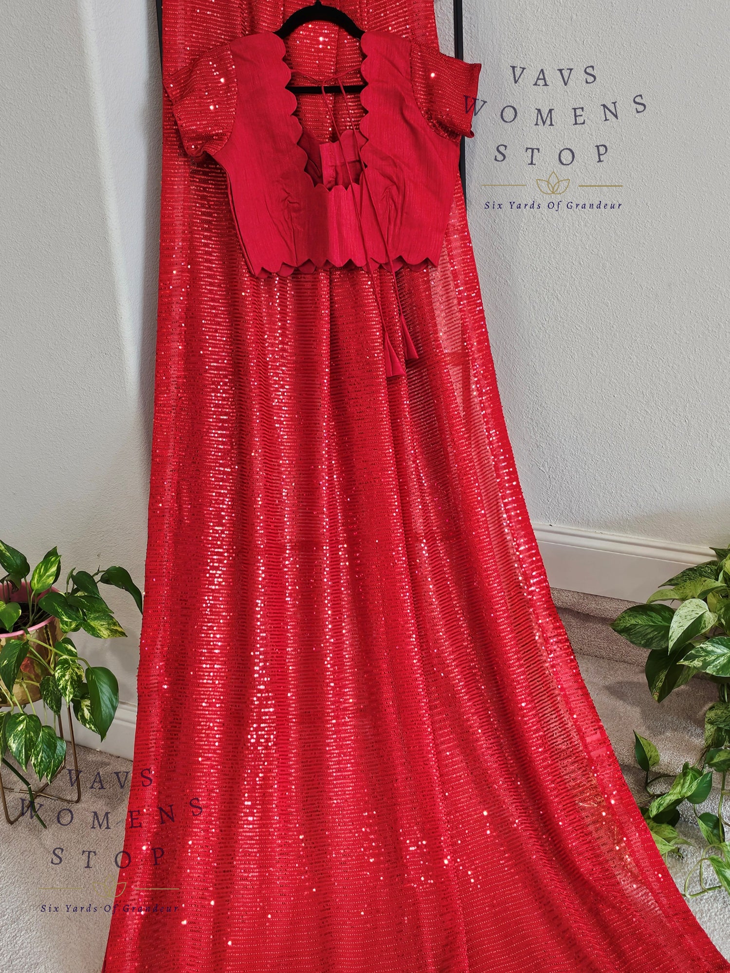 Designer Red Net Saree & Blouse – Cocktail & Party Wear - VAVS WOMENS STOP - Blouse Size 38 Extends To 44. Ready to ship.